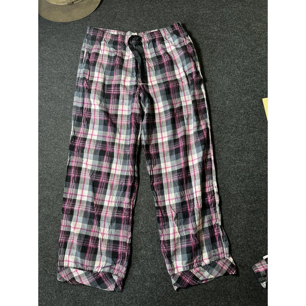 Victorias Secret Plaid Pajama Set Pink Gray White Shimmer Cotton Modal Large